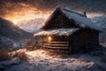 an old wooden house in the mountains in winter, snow covered trees and a cloudy sky at a beautiful sunset, a blizzard Royalty Free Stock Photo