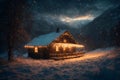 an old wooden house in the mountains in winter, snow covered trees and a cloudy sky at a beautiful sunset, a blizzard Royalty Free Stock Photo