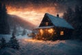 an old wooden house in the mountains in winter, snow covered trees and a cloudy sky at a beautiful sunset, a blizzard Royalty Free Stock Photo