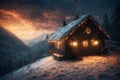 an old wooden house in the mountains in winter, snow covered trees and a cloudy sky at a beautiful sunset, a blizzard Royalty Free Stock Photo