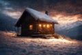 an old wooden house in the mountains in winter, snow covered trees and a cloudy sky at a beautiful sunset, a blizzard Royalty Free Stock Photo