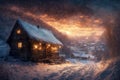 an old wooden house in the mountains in winter, snow covered trees and a cloudy sky at a beautiful sunset, a blizzard Royalty Free Stock Photo