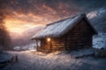an old wooden house in the mountains in winter, snow covered trees and a cloudy sky at a beautiful sunset, a blizzard Royalty Free Stock Photo