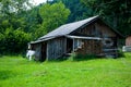 Old wooden house near the forest. Summer. Against the background Royalty Free Stock Photo