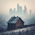 An old wooden house on the outskirts of the metropolis Royalty Free Stock Photo