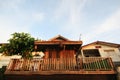 Old wooden house on riverside in sunset at Khong river the Thai-Laos border Chaingkhan distric in the countryside at Thailand Royalty Free Stock Photo