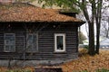 An old wooden house, the roof of which is covered with autumn leaves. A combination of antiquity and a new white plastic window Royalty Free Stock Photo