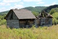 Old wooden house ruins with fallen roof and missing windows surrounded with tall grass and forest Royalty Free Stock Photo