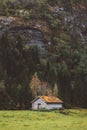 Old wooden house with trees on roof  in Norway mountain and forest landscape scandinavian nature Royalty Free Stock Photo