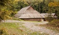 Old wooden house with wooden roof in the forest, background Royalty Free Stock Photo