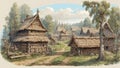 Old wooden houses in ancient slavic village