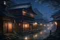 Old wooden houses in the Japanese village at night. Digital painting. A beautiful artwork illustration of rainy medieval japan AI