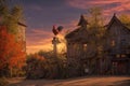 Old wooden houses and rooster at sunset