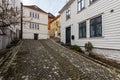 Old wooden houses in the traditional neighbourhood Sydnes in the city of Bergen in Vestland county, Norway Royalty Free Stock Photo