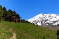 Old wooden hut, hiking path and Mountain Palon de la Mare panorama in Ortler Alps