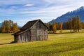 Old wooden hut in mountain at rural fall landscape. Mieminger Plateau, Austria, Europe Royalty Free Stock Photo