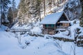 Old wooden hut in snow covered frozen icy gorge Baerenschuetzklamm Royalty Free Stock Photo