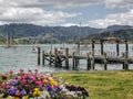 Old wooden jetty at Whangaroa harbour on the North Island of New Zealand with flower bed on the foreground