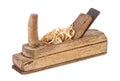 Old wooden jointer and wood shaving on white background Royalty Free Stock Photo