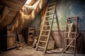 old wooden ladder leading to a dusty attic with cobwebs