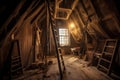 old wooden ladder reaching into a dusty attic