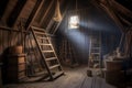 old wooden ladder reaching into a dusty attic