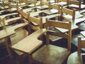 Old wooden lecture chairs in school, Vintage chairs