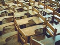 Old wooden lecture chairs in school, Vintage chairs