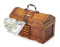 Old wooden little chest and money