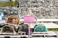 Old wooden lobster traps, lobster pots for sale Royalty Free Stock Photo