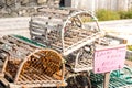 Old wooden lobster traps, lobster pots for sale Royalty Free Stock Photo