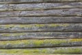 Old wooden logs wall covered with green moss Royalty Free Stock Photo