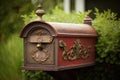 old wooden mailbox with a brass plaque and red flag in the garden