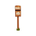 Old wooden mailbox standing on piece of green grass. Cartoon icon of brown post box on pole made out of wood. Front view Royalty Free Stock Photo