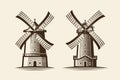 Old wooden mill. Windmill, agriculture, farming logo or icon. Vintage vector illustration