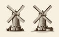 Old wooden mill, windmill logo or label. Agriculture, farming, agribusiness icon. Vintage vector illustration Royalty Free Stock Photo