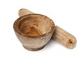 Old wooden mortar and pestle isolated. Royalty Free Stock Photo