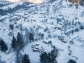 Old wooden Orthodox church in mountain village Kryvorivnia in Ukrainian Carpathians. Calm cosy fairy-tale landscape. Christmas