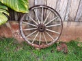 Old wooden ox cart wheel of a farm shed Royalty Free Stock Photo