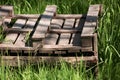 Old wooden pallet in the green grass Royalty Free Stock Photo