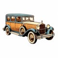 Vintage Car Art Print On White Background - Woodcut Style