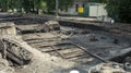 old wooden pavement of the 14th century at an archaeological site Royalty Free Stock Photo