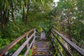 Old, wooden, pedestrian bridge on the background of the autumn river Royalty Free Stock Photo