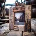 Old wooden photo frame on the background of the sea port and ships