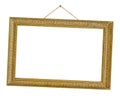 Old wooden picture frame hanging on a rope Royalty Free Stock Photo