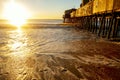 Old wooden pier with buildings in the early morning on the ocean. Famous place in Maine. Old Orchard Beach. USA. Royalty Free Stock Photo