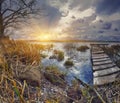 Old wooden pier with dry reed on sunset Royalty Free Stock Photo