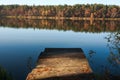 Old wooden pier for fishing in autumn forest lake Royalty Free Stock Photo