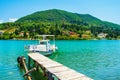 Old wooden pier Nydri town marina summer view Lefkada island Greece Royalty Free Stock Photo