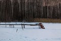 Old wooden pier in the snow. Dense forest in the background Royalty Free Stock Photo